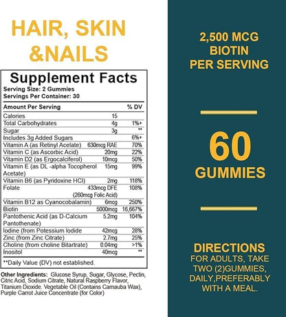 New Hair Skin and Nails Vitamins, 60 Fast-Release Gummies - 1 Bottlea