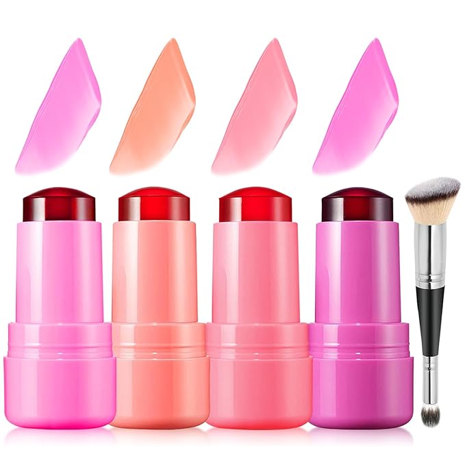 4 Pcs Cooling Water Jelly Tint, Multi-Use Jelly Lip & Cheek Tint Stain, 3-in-1 Milk Jelly Blush Lip Gloss Buildable Watercolor Finish 1,000+ Swipes Per Stick - Cruelty Free (4PCS)