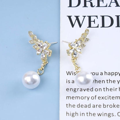 Vintage Crystal Flower Ear Climber Earrings Rhinestone Pearl