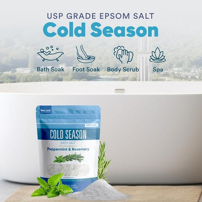 Cold Season Bath Salt 32 Ounces (2 Lbs) USP Grade Epsom Salt with Natural Rosemary and Peppermint Pure Essential Oils Plus Vitamin C in BPA Free Pouch with Easy Press Lock Seal Made in USA