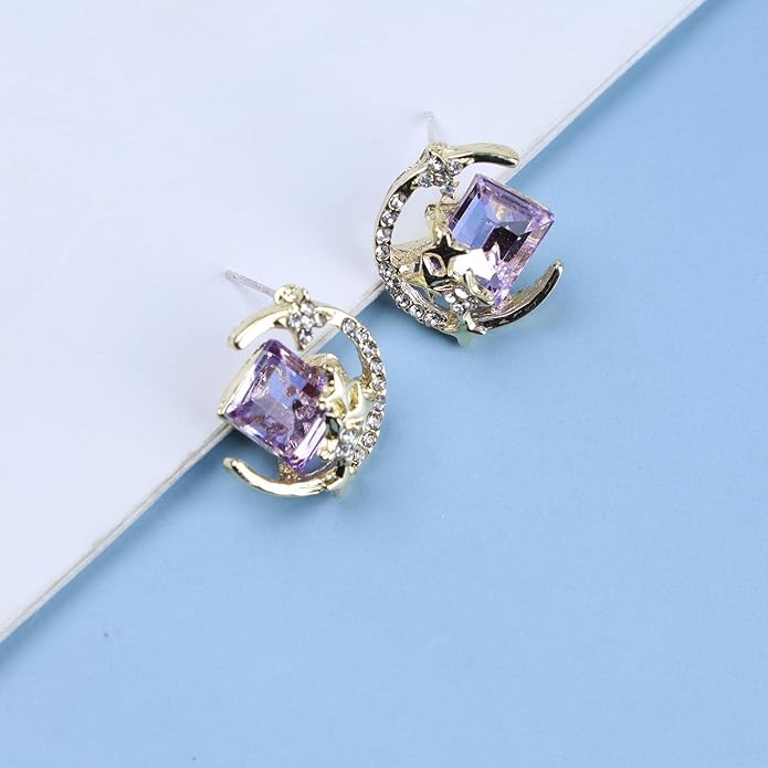 Vintage Purple Crystal Moon Earrings Amethyst
