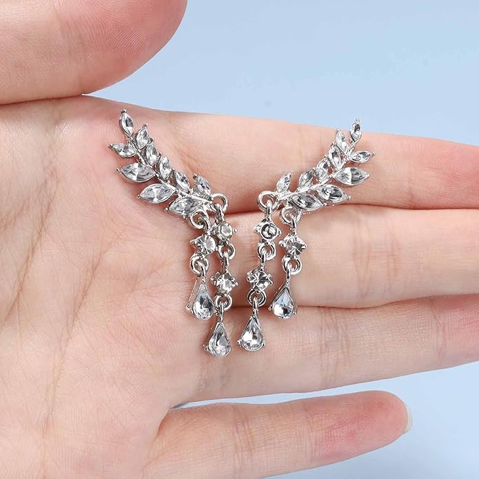 Boho Rhinestone Ear Crawler Earrings Gold Crystal Wing