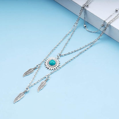 Boho Layered Feather Choker Necklace Turquoise Pendant Necklace