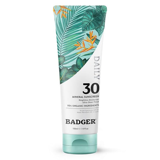 Badger Mineral Daily Sunscreen with Zinc Oxide, Organic Sunscreen Moisturizer with SPF 30, Hydrating Everyday Sunscreen Lotion, Vegan, Gluten Free & Unscented Body Sunscreen, 4 fl oz