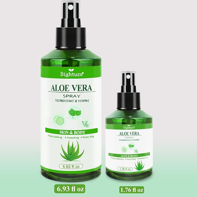Aloe Vera Spray for Whole Body Skin, Aoe Vera Spray Extract from Freshly Cut Aloe and Infused wirh Cucumber Essence，Fast Absorbing, Easy to Use, Travel Set, 1.73 oz