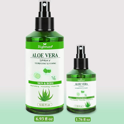 Aloe Vera Spray for Whole Body Skin, Aoe Vera Spray Extract from Freshly Cut Aloe and Infused wirh Cucumber Essence，Fast Absorbing, Easy to Use, Travel Set, 1.73 oz