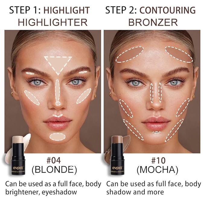 Kaely 2Pcs Cream Contour Highlighter Stick Kit,Bronzer Cheek Stick Waterproof,04+10