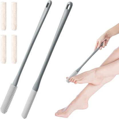 Shower Foot Scrubber Brush, 15.7" Toe Cleaning Brush with 4 Reusable Drying Covers, Long Handle Silicone Bristles Lotion Applicator, No Bending Down Skin Exfoliation Foot Scrub Brushes for Elderly