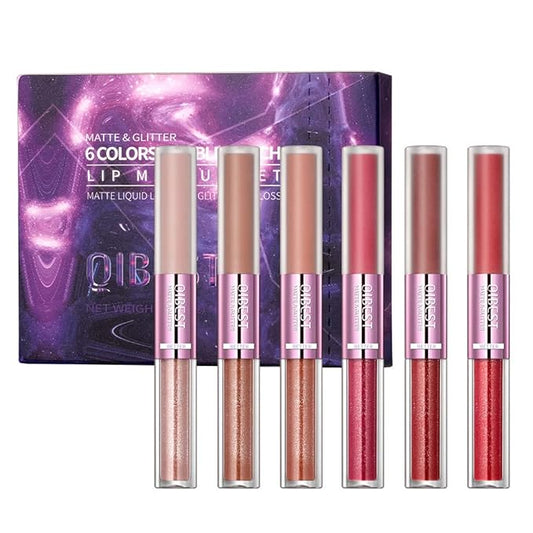 Double Head Lip Gloss Non Fading Lip Glaze Matte Mist Pearlescent Liquid Lipstick, 6-color suit