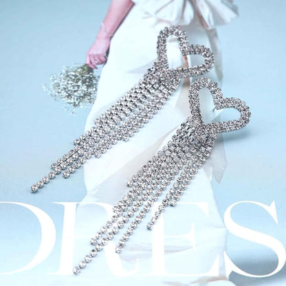 Boho Rhinestone Heart Tassel Earrings Long Tassel Chain