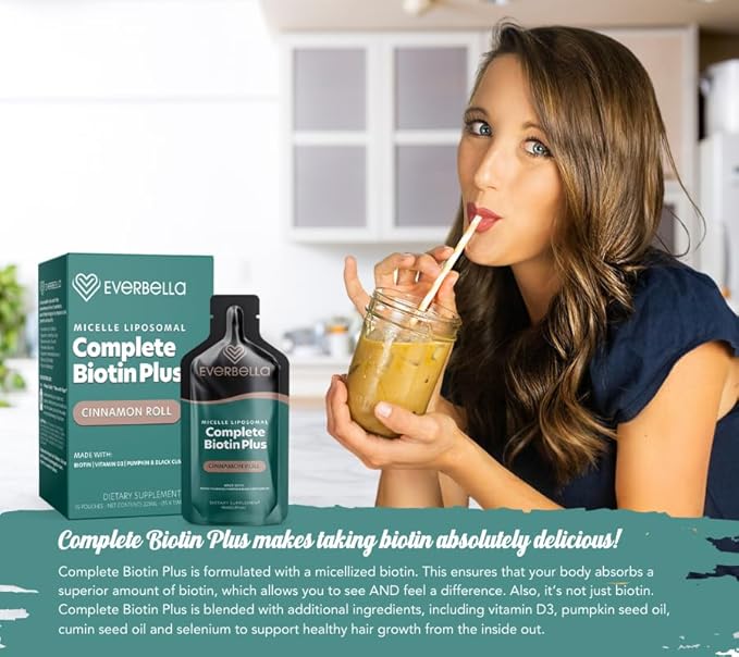 Complete Biotin Plus, Cinnamon Roll Flavor, Liposomal Formula, Biotin, Pumpkin Seed Oil, Black Cumin Seed Oil, D3, Hair Health, 15 Day Supply