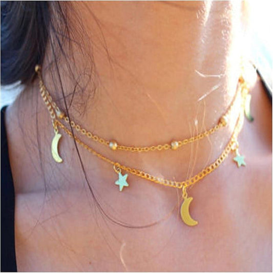 Boho Star Moon Necklace Choker Gold