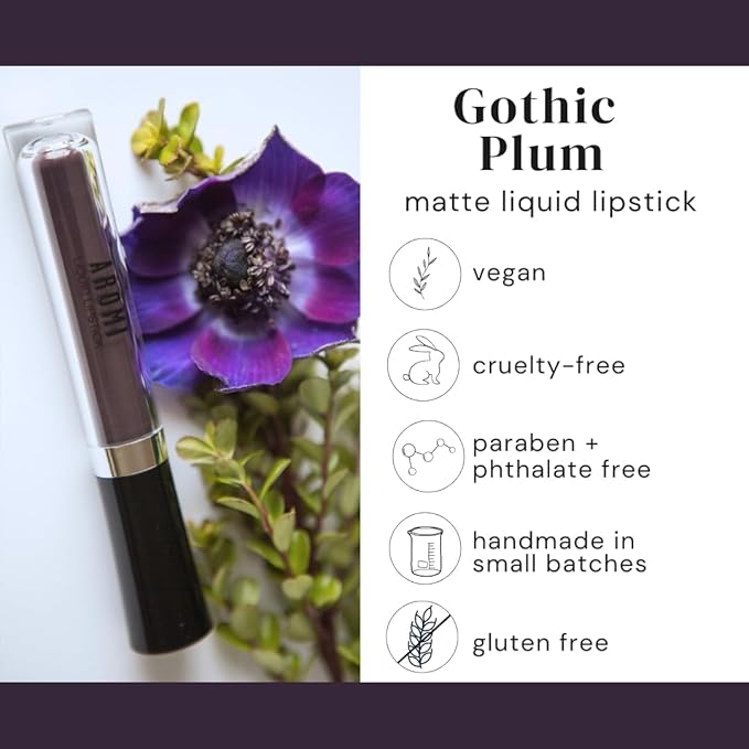 Aromi Black Plum Matte Liquid Lipstick, Dark Midnight Lip Color, Vegan and Cruelty-free, Long-lasting and Opaque Lipstick (Gothic Plum)