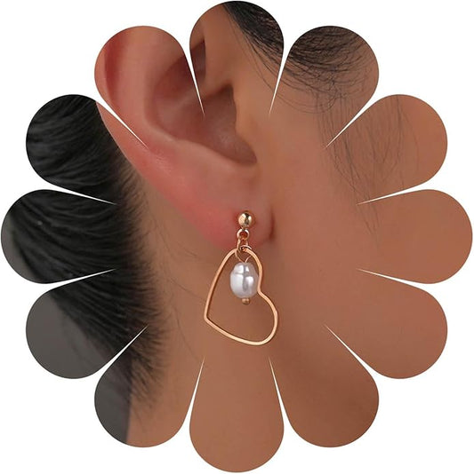 Boho Tiny Pearl Heart Drop Earrings
