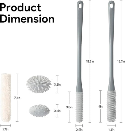 Shower Foot Scrubber Brush, 15.7" Toe Cleaning Brush with 4 Reusable Drying Covers, Long Handle Silicone Bristles Lotion Applicator, No Bending Down Skin Exfoliation Foot Scrub Brushes for Elderly