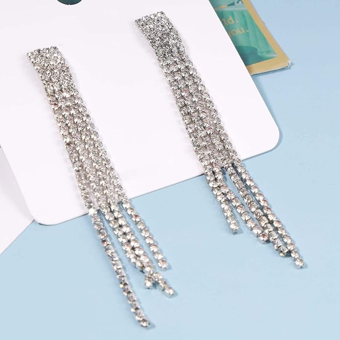 Boho Rhinestone Tassel Earrings Long Fringe Drop Dangle