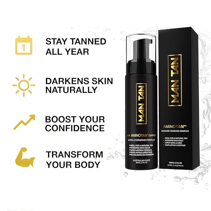 Sunless Tanner Starter Pack For Men | AMINOTAN - The Best Clear Self Tan Mousse For Men Works With Hair + Sweat Proof (Mitt & Bottle) - 6.7fl