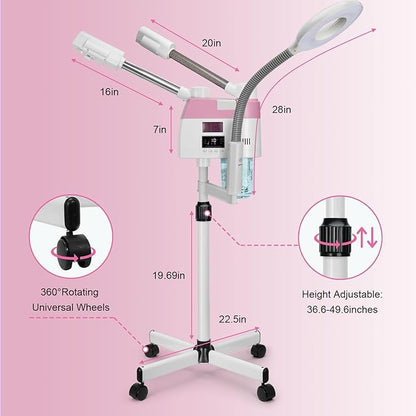 Professional Facial Steamer, 3 in 1 Facial Steamer with 5X Magnifying Lamp Hot&Cool Mist, Esthetician Steamer on Wheels, Stand Face Steamer with Time Setting for Home Salon Spa