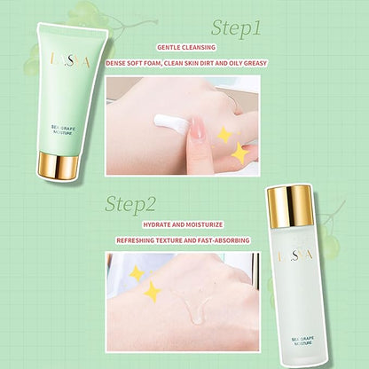 Sea Grape Skincare Set, 6-In-1 Skincare Gift Set With Facial Cleanser, Toner, Serum, Eye Cream, Lotion & Cream, Moisturizing Skin Care Kit For Women