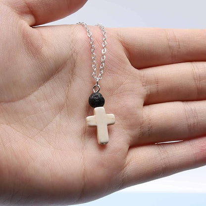Boho Cross Pendant Necklace Black Lava Bead Choker