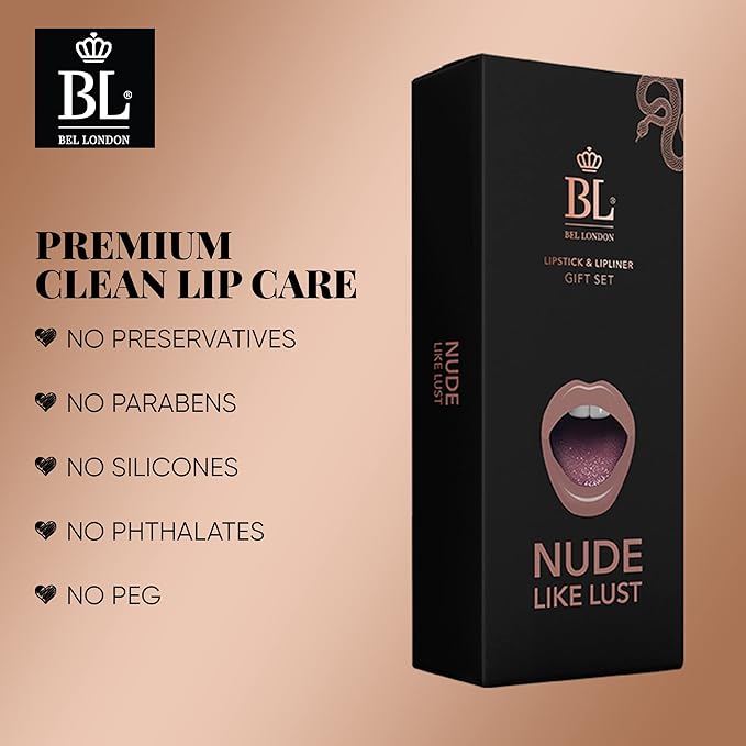 BL Color Matched Lip Liner & Lipstick Set (Nude) - Full-Coverage Argan Long Lasting Lipstick and Lip Liner Set With Natural Oils for Nourishment, Hydration, & Protection - Chemical-Free