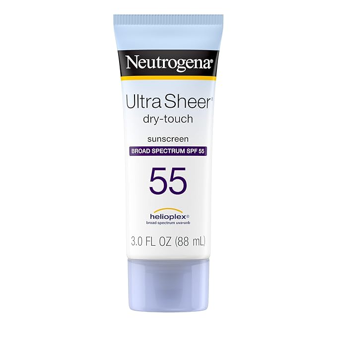Neutrogena Ultra Sheer Dry-Touch Sunscreen Lotion, Broad Spectrum SPF 55 UVA/UVB Protection, Lightweight Water Resistant Face & Body Sunscreen, Non-Greasy, Travel Size, 3 fl. oz