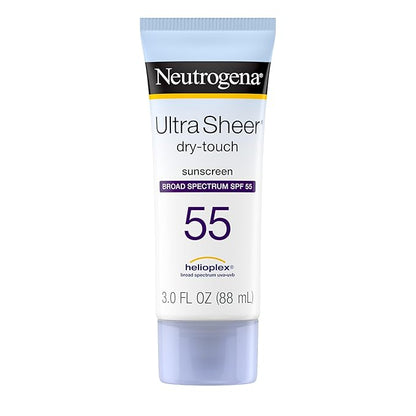 Neutrogena Ultra Sheer Dry-Touch Sunscreen Lotion, Broad Spectrum SPF 55 UVA/UVB Protection, Lightweight Water Resistant Face & Body Sunscreen, Non-Greasy, Travel Size, 3 fl. oz