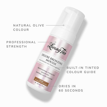 Loving Tan Deluxe Bronzing Mousse, Dark - Streak Free, Natural looking, Professional Strength Sunless Tanner - Up to 5 Self Tan Applications per Bottle, Cruelty Free, Naturally Derived DHA - 4 FL Oz