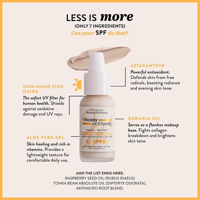 Jessica Wellness Mineral Sunscreen + Hydrating Serum with Broad Spectrum SPF 30 & Antioxidants, Oil-Free, Fragrance Free, Non-Nano Zinc Oxide. 1 oz (Light)