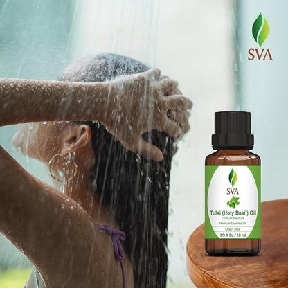SVA Holy Tulsi Essential Oil – 1/3 Fl Oz – 100% Natural Tulsi Oil - for Diffuser, Hair Care, Face, Skin Care, Aromatherapy, Scalp and Body Massage, Soap and Candle Making