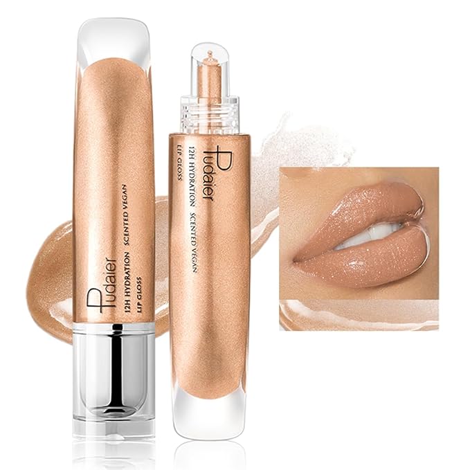 AKARY Shimmery Glitter Lip Gloss, Tinted Hydrating Waterproof Long Lasting Liquid Lipstick for Lip Plumper Makeup with Jojoba Seed OilRosa, Sparkle Lipstick Moisturizing High Shine Lip Glow Stain, 02