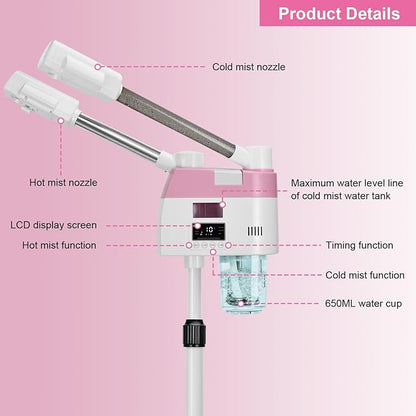 Professional Facial Steamer,2 in 1 Facial Steamers with Hot&Cool Mist, Height Adjustable Face Steamer, Pink Esthetician Steamer for Home Salon Spa