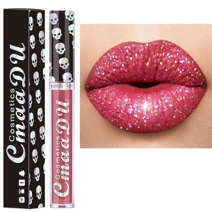 AKARY Shimmer Liquid Lipstick Long Lasting, Skull Diamond Metallic Shiny Glitter Glossy Shimmery Finish Waterproof Lip Gloss for Women, High Pigmented Nonstick Cup Lipstick Makeup for Lips, 04