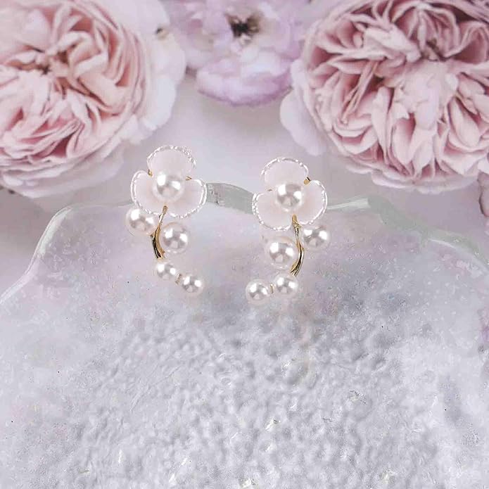 Vintage Pearl Flower Earrings Gold Pearl