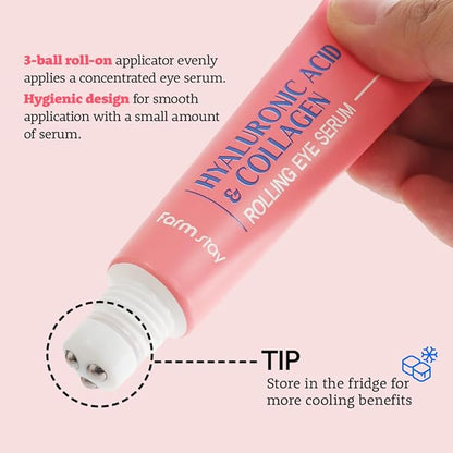 Farmstay Hyaluronic Acid Roll-on Eye Serum with 2% Niacinamide & Collagen – Hydrating Korean Eye Roller for Dark Circles, Puffy Eyes & Wrinkles – 0.84 fl. oz.