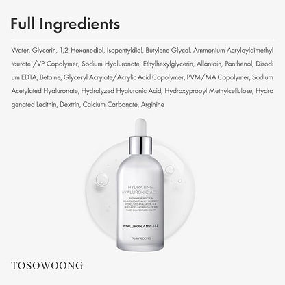 Hyaluronic Acid Ampoule, Hydrating Glow and Skin Barrier Protection, Anti-Aging Face Serum for Dry Skin, Korean Skincare Beauty Products, 100ml, 3.38 fl. oz.