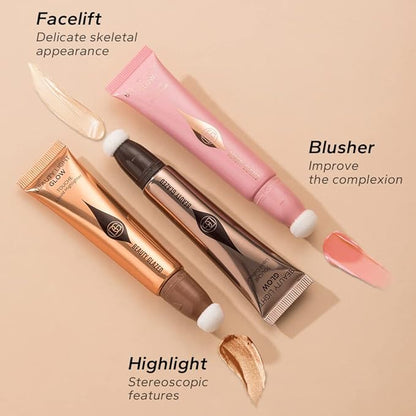 Liquid Contour+Highlighter Blush Stick+Liquid Blush Stick, Smooth Creamy (Contour+Blush#01+Highlighter #01)