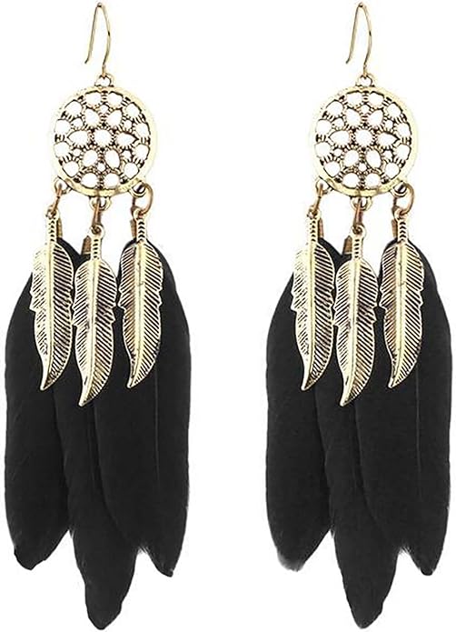 Boho Black Feather Dangle Earrings Long