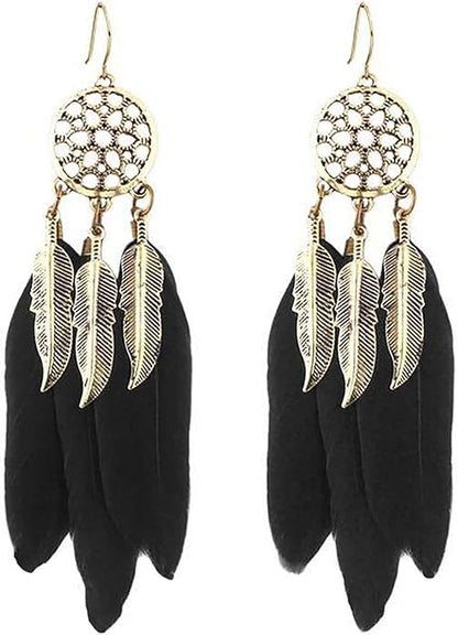 Boho Black Feather Dangle Earrings Long
