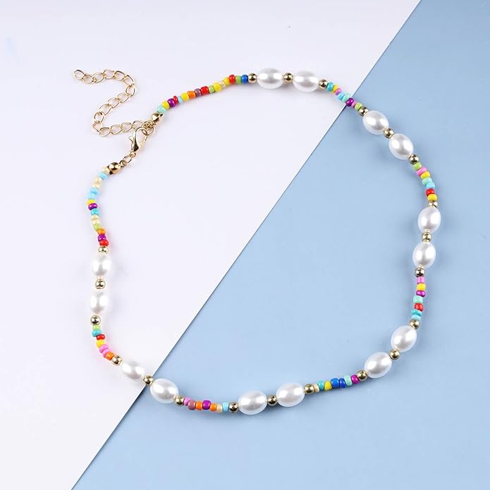 Boho Pearl Choker Necklace Vintage Blue