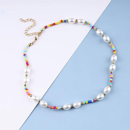 Boho Pearl Choker Necklace Vintage Blue