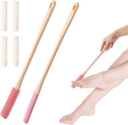 Shower Foot Scrubber Brush, 15.7" Toe Cleaning Brush with 4 Reusable Drying Covers, Long Handle Silicone Bristles Lotion Applicator, No Bending Down Skin Exfoliation Foot Scrub Brushes for Elderly