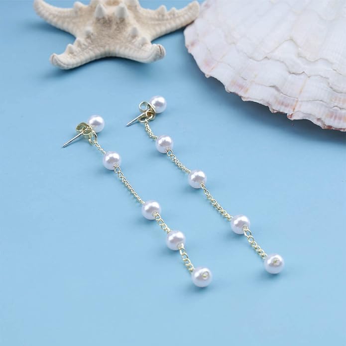 Boho Pearl Drop Earrings Long Pearl Tassel Earrings