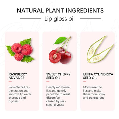Plumping Lip Oil(3 Pcs), Hydrating Lip Gloss Tinted Lip Balm Transparent Lip Care, Big Brush Head Glitter Shine, Long Lasting Nourishing Non-sticky Fresh Texture, Cherry+Rosewood+Raspberry
