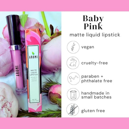 Aromi Baby Pink Matte Liquid Lipstick, Light Pink Lip Color, Smudge Proof, Waterproof, and Long-lasting Lipstick, Vegan and Cruelty-free, Handmade (Baby Pink)