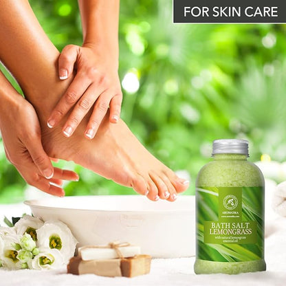 Bath Salts w/Natural Essential Lemongrass Oil 21.16 oz - Sea Salt Bath for Good Sleep - Bathing - Body Care - Wellness - Beauty - Relaxation - Aromatherapy - Spa - Bath Supplement