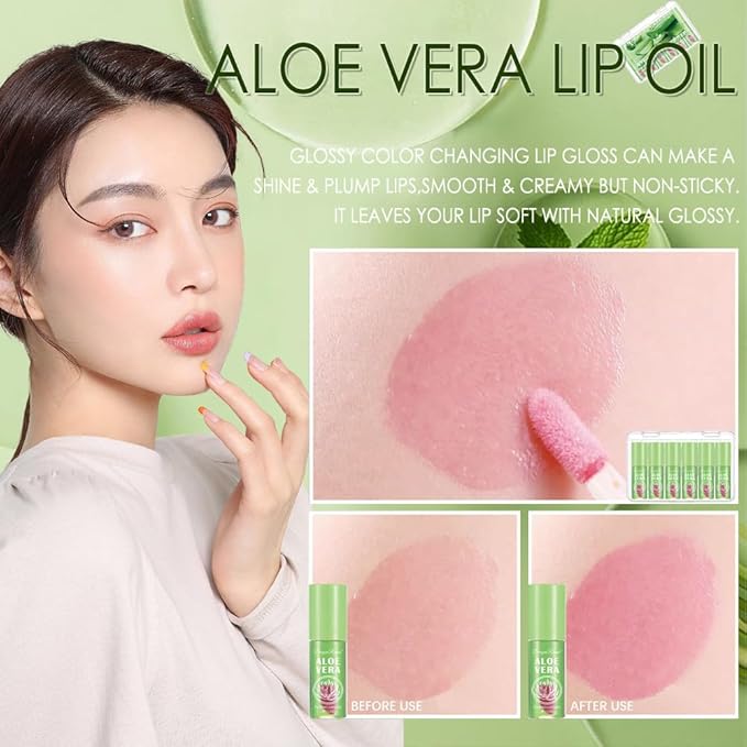 6 Pcs Aloe Vera Color Changing Lip Oil, Hydrating Plumping Lip Glow Oil, Magic Color Changing Lip Gloss,Long Lasting Tinted Lip Balm Temperature Color Change Lip Tint Glossly Makeup Set for Women