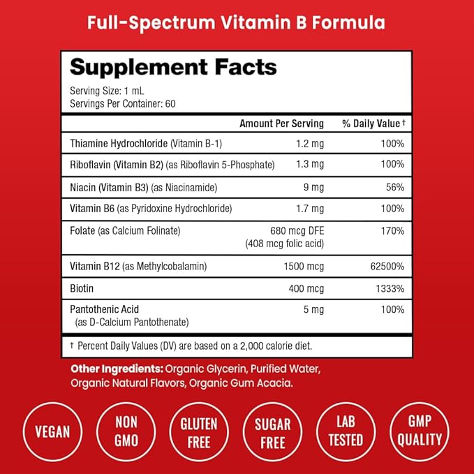 USDA Organic Vitamin B Complex Liquid Drops | B Vitamins Complex Supplement with B1, B2, B3, B6, B7, B9 & Methyl B12 Drops for Adults & Kids | Vegan Berry Flavor 2oz | 60 Servings / 2 Month Supply