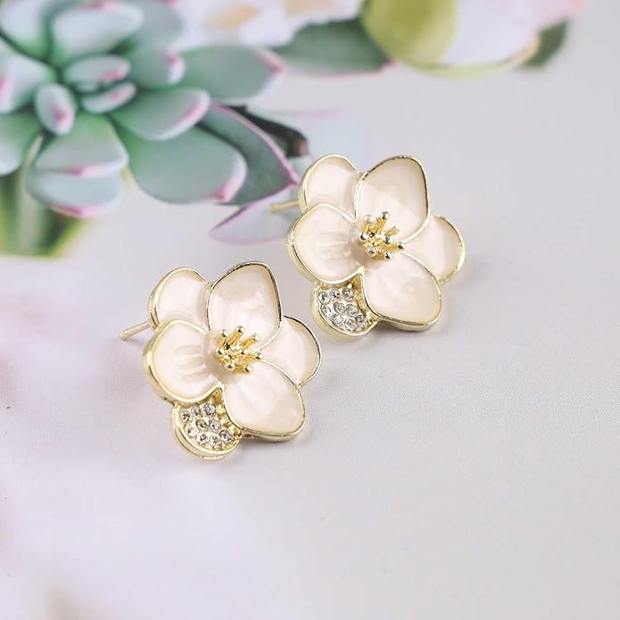 Vintage Enamel Flower Stud Earrings Camellia