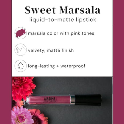 Aromi Matte Liquid Lipstick | Rose Burgundy, Pink Maroon Lip Color, Long Lasting, Waterproof, Long Wear, Smudge and Transfer Proof, Vegan Makeup (Sweet Marsala)